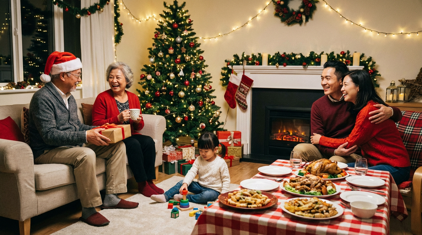 Christmas memorial photo example – grandmother added back into a family Christmas picture by the tree