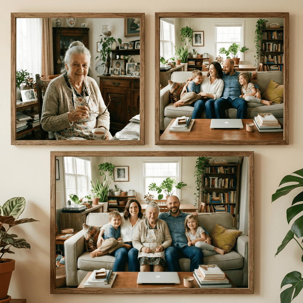 Example of a complete family portrait with a deceased loved one added naturally into the group