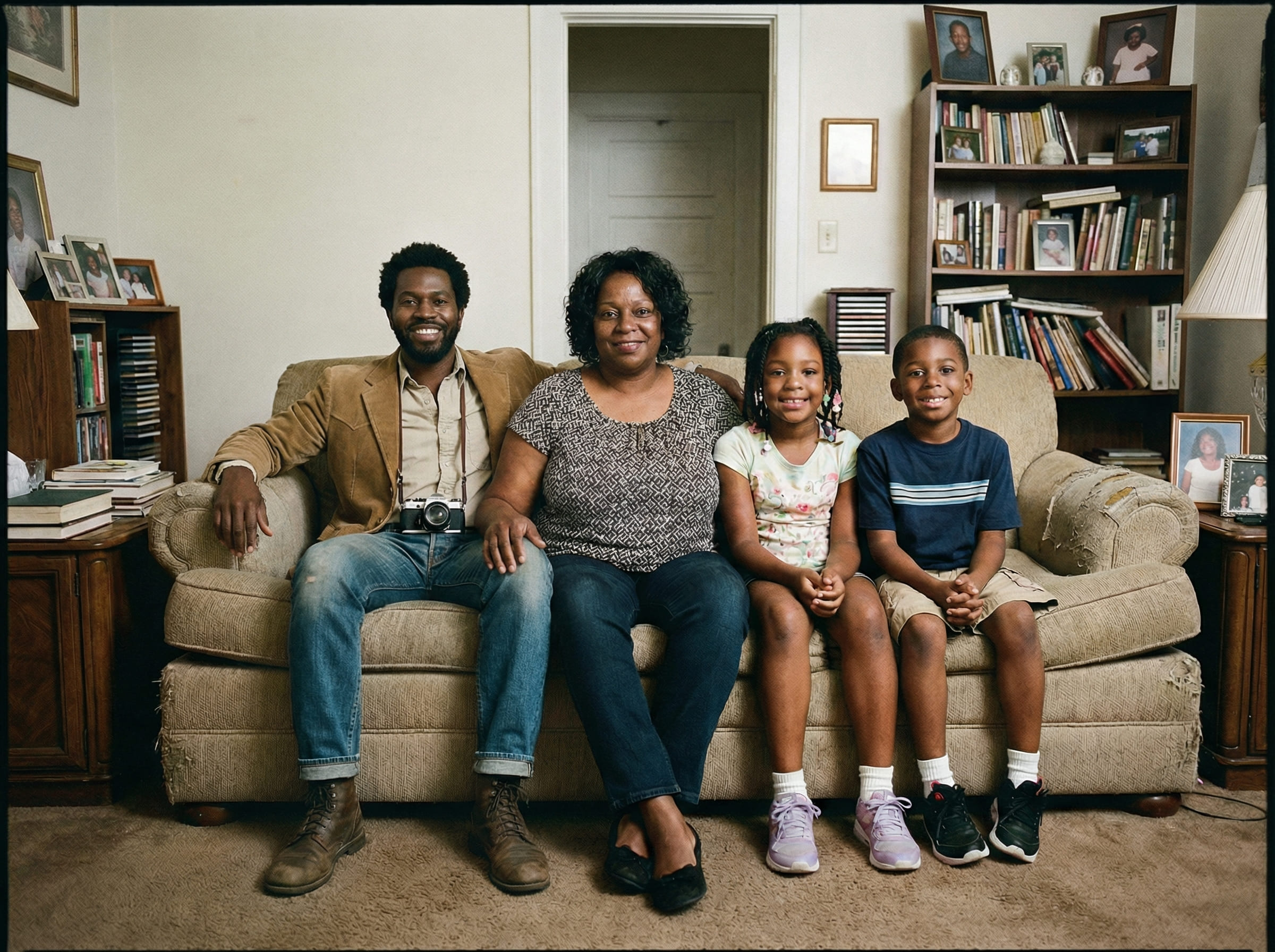 Same scene completion image showing dad included naturally with matched lighting and scale