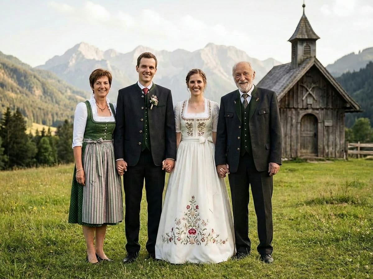 Same wedding scene completed naturally with Dad included, showing realistic blended edges without sharp cutout lines