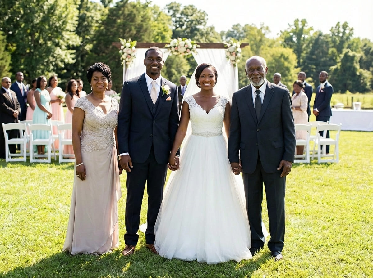 Same wedding scene completed naturally with Dad included, showing matched lighting and believable shadows