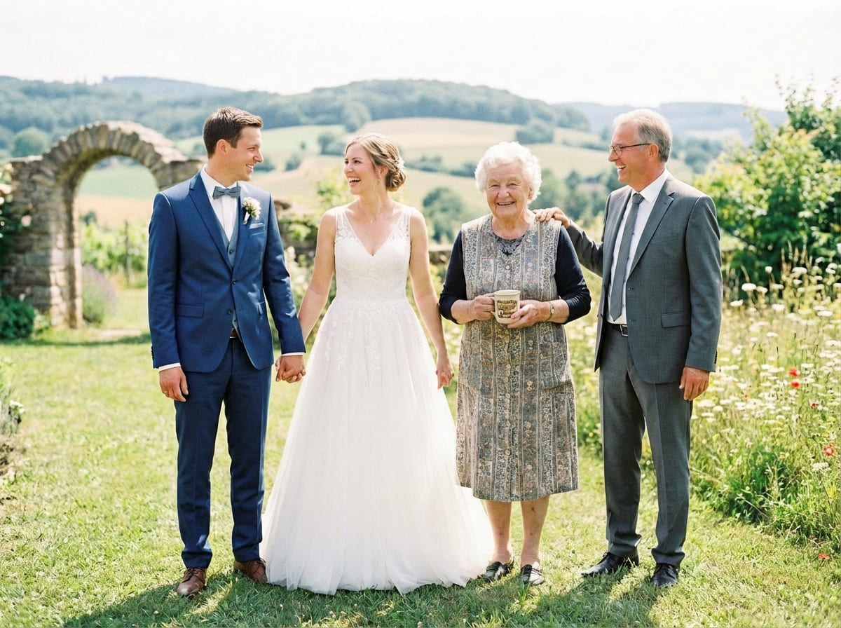 Same wedding scene completed naturally with Dad included, showing matched distance and realistic scale within the group