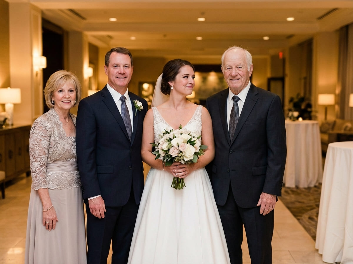 Same wedding scene and camera angle completed naturally with dad included, with matching lighting and believable placement