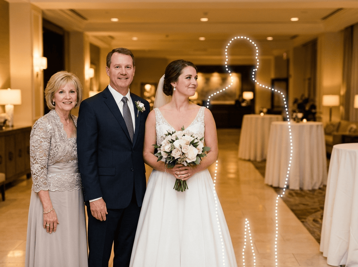 Same wedding scene and camera angle used as the context image, showing the original moment without dad present