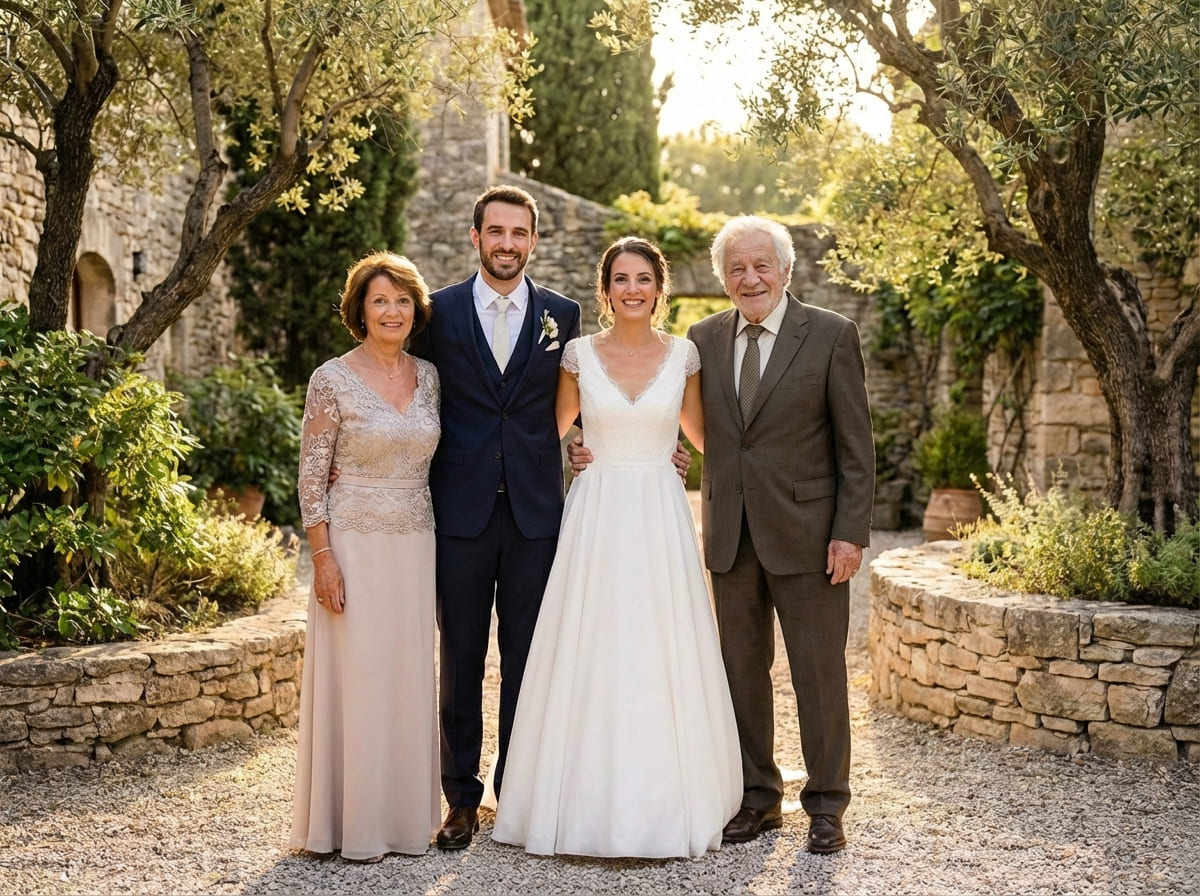 Same wedding aisle scene completed naturally with Dad included, matching lighting and depth
