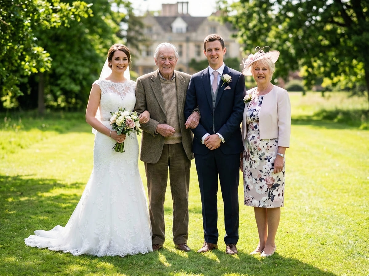 Same wedding family portrait scene completed naturally with Dad included, matching scale and perspective