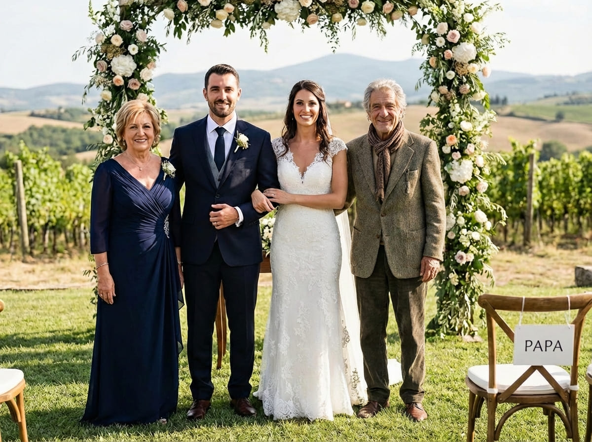 Same wedding reception scene completed naturally with Dad included, matching warm indoor color temperature and depth