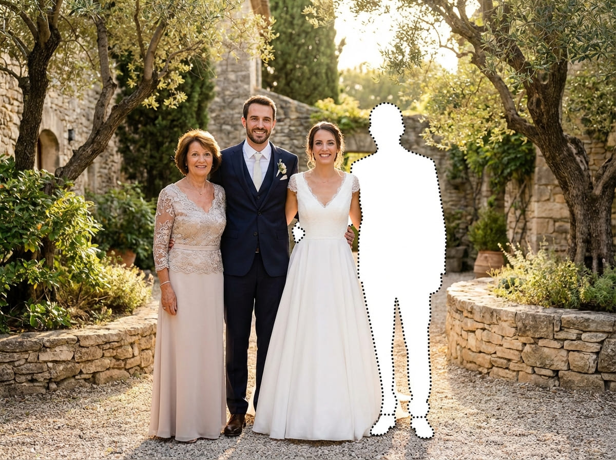 Same wedding aisle scene in the original moment where Dad is not present in the frame