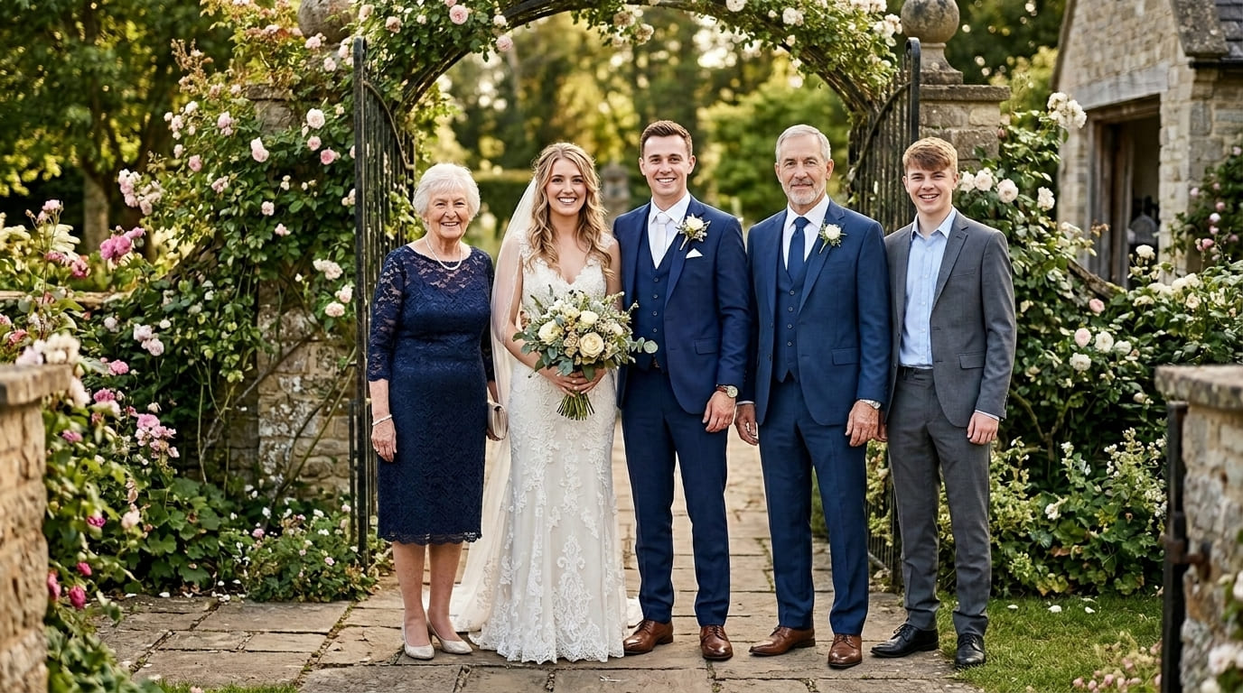 Completed wedding portrait with the deceased dad blended into the same venue light and family arrangement