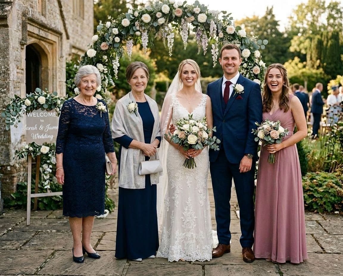 Completed wedding portrait with the deceased mom blended beside the bride in the same venue light
