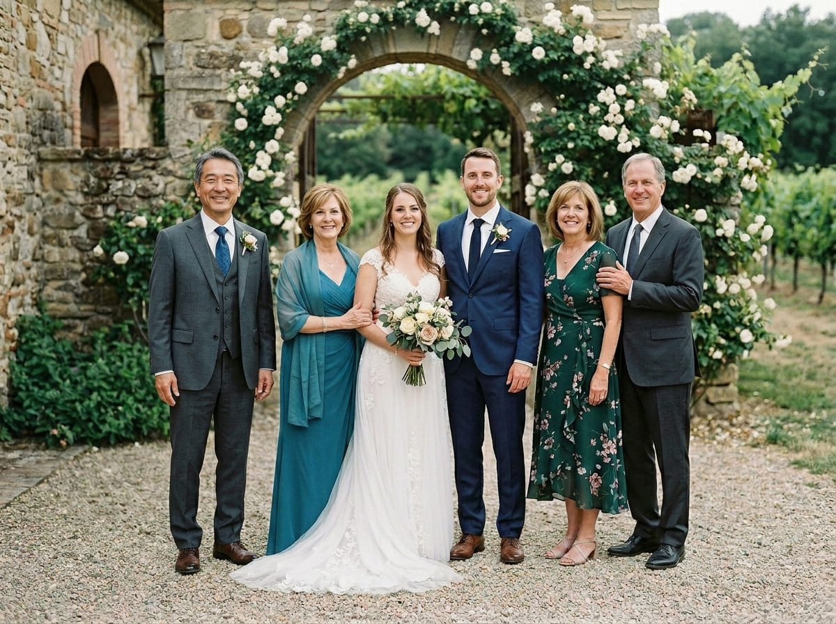 Completed wedding portrait with one loved one blended into the same venue light and arrangement