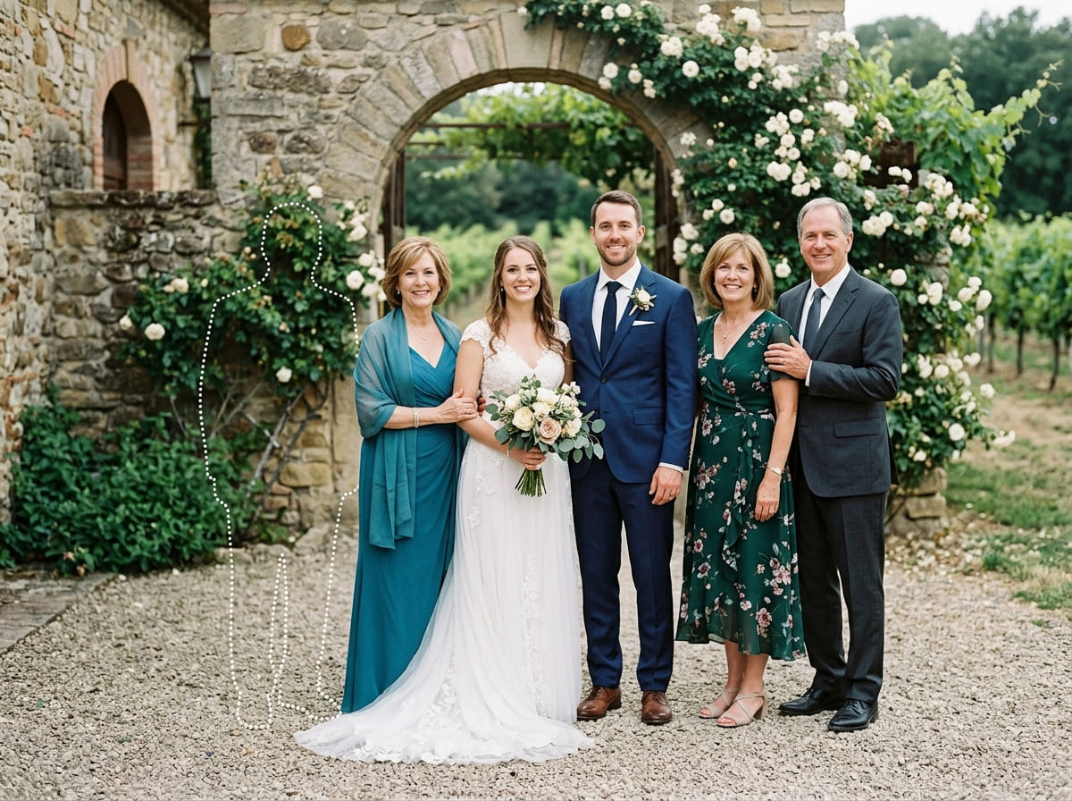 Original wedding portrait with a natural opening before adding a loved one to the wedding photo