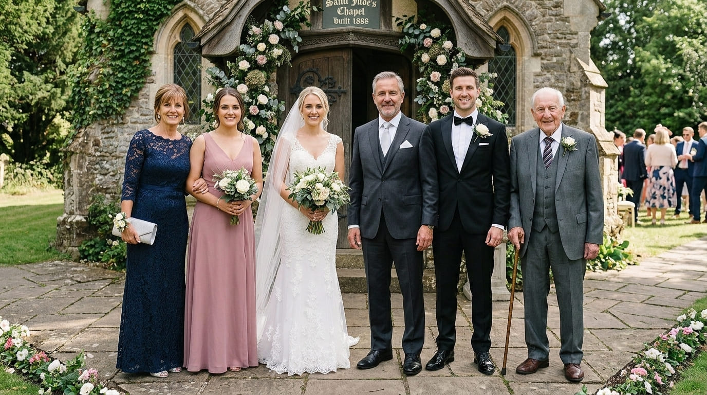 Completed formal wedding family portrait with the deceased dad naturally added into the lineup