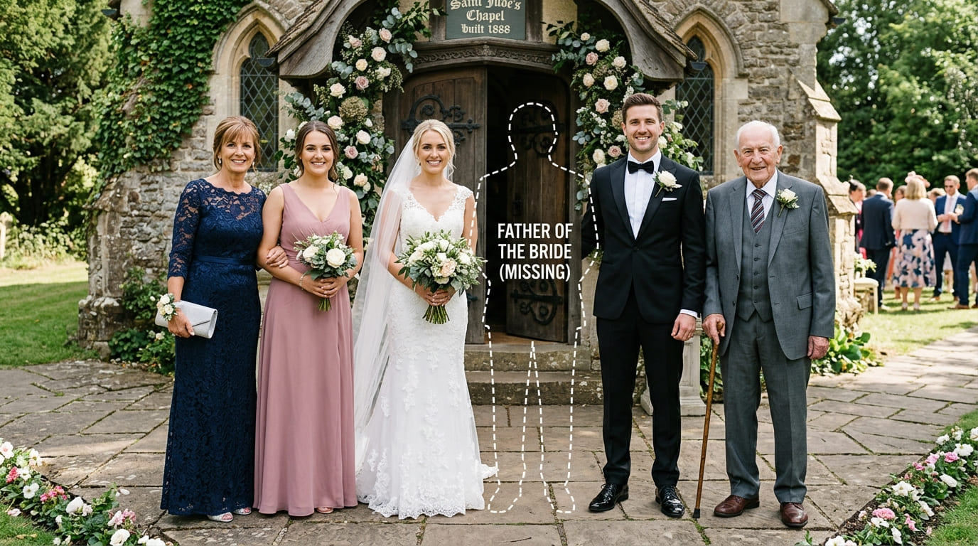 Original formal wedding family portrait missing the father in the lineup beside the couple