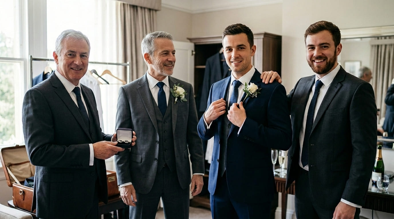 Completed wedding preparation portrait with the deceased dad blended into the same indoor light and shoulder line