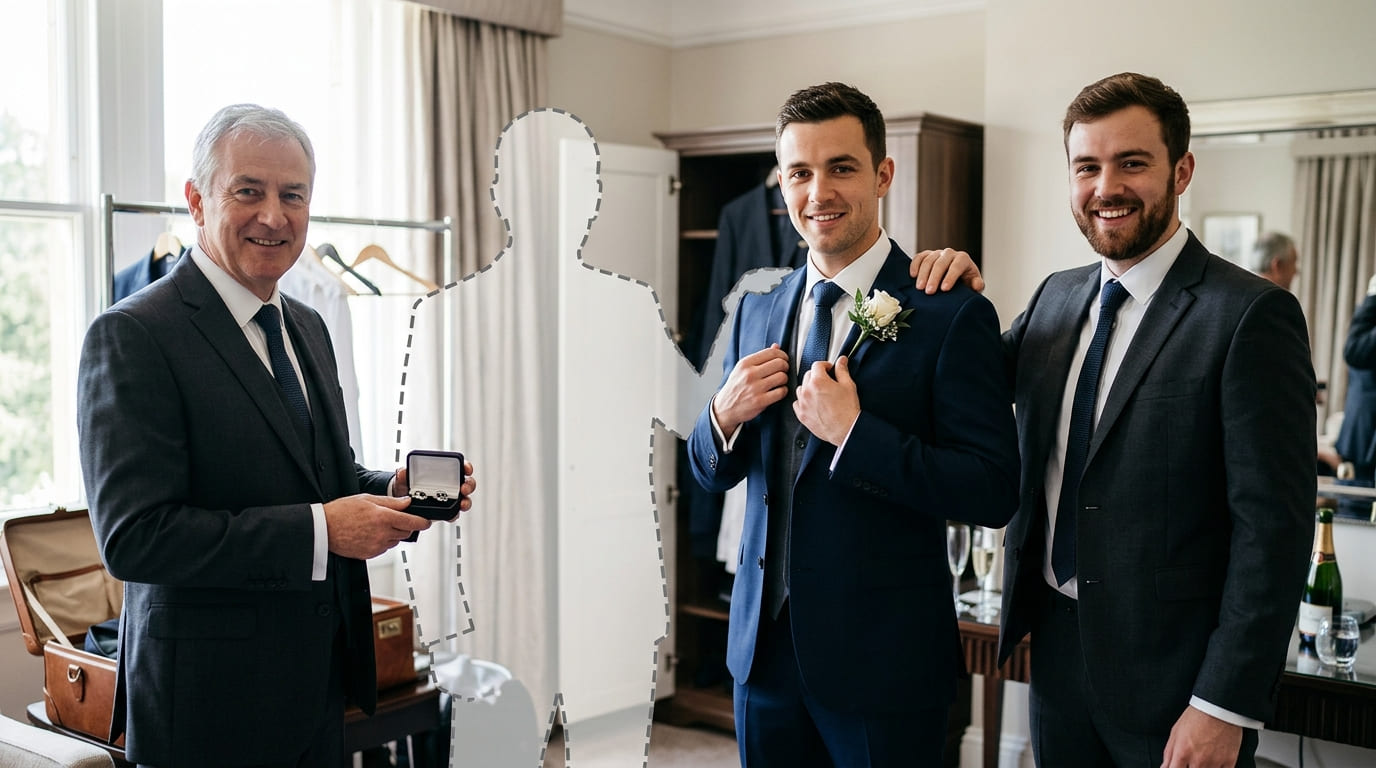 Original wedding preparation portrait with a natural opening where the brides or grooms father would stand