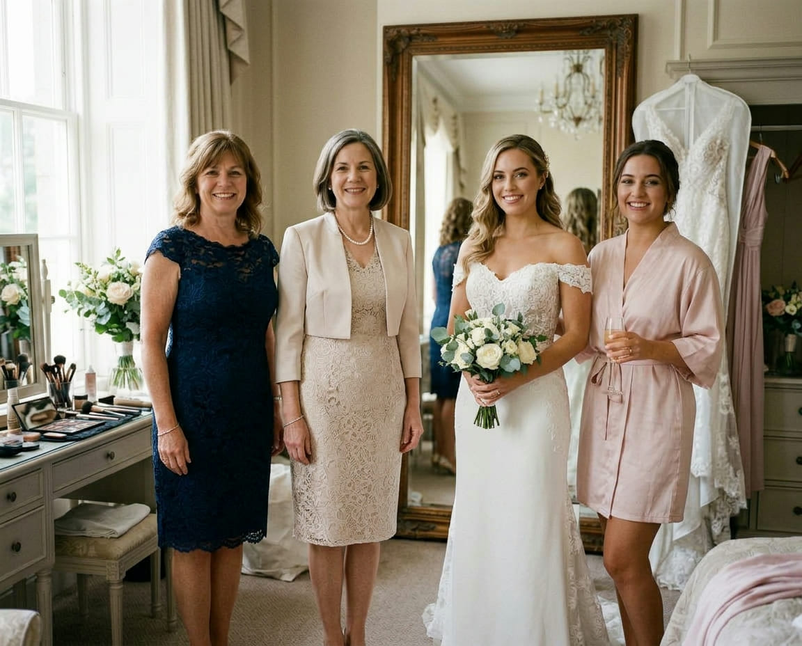 Completed bridal preparation portrait with the deceased mom blended into the same dress-room light