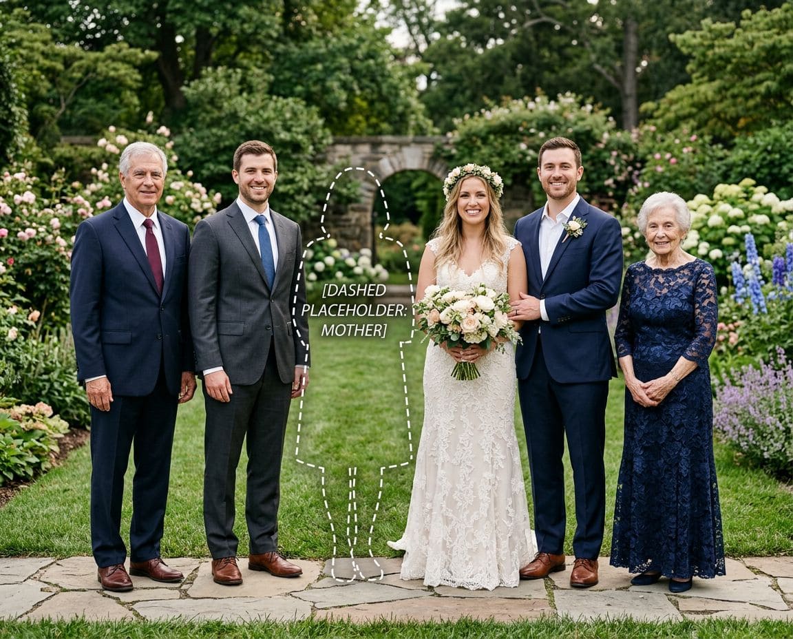 Original formal wedding family portrait missing the brides mother in the lineup