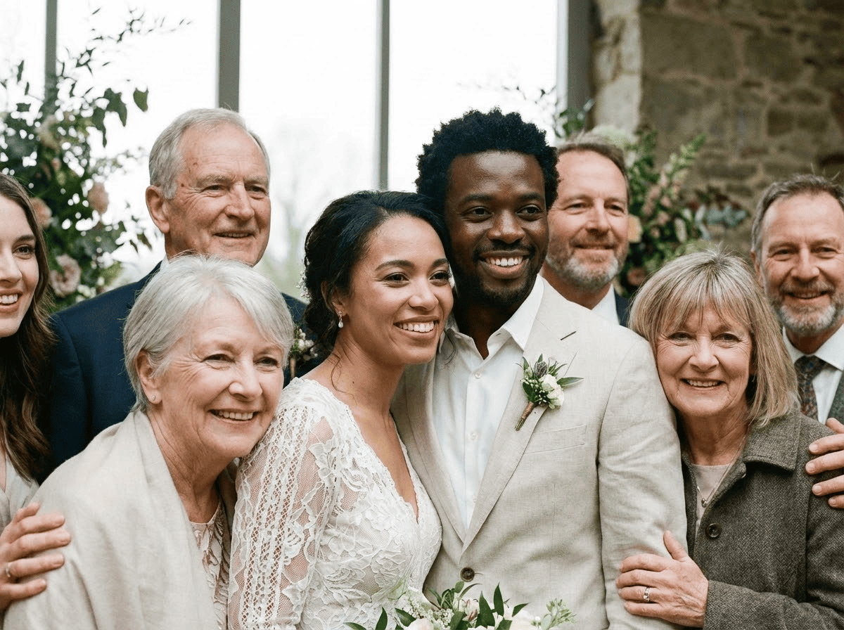 Nærbillede, der viser match mellem lys og skygger i et færdigt bryllupsfoto