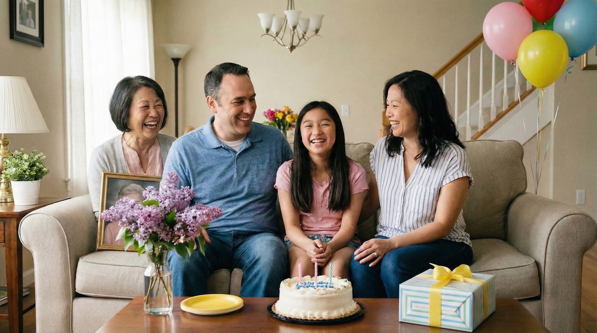 Same milestone celebration scene completed naturally with the loved one included