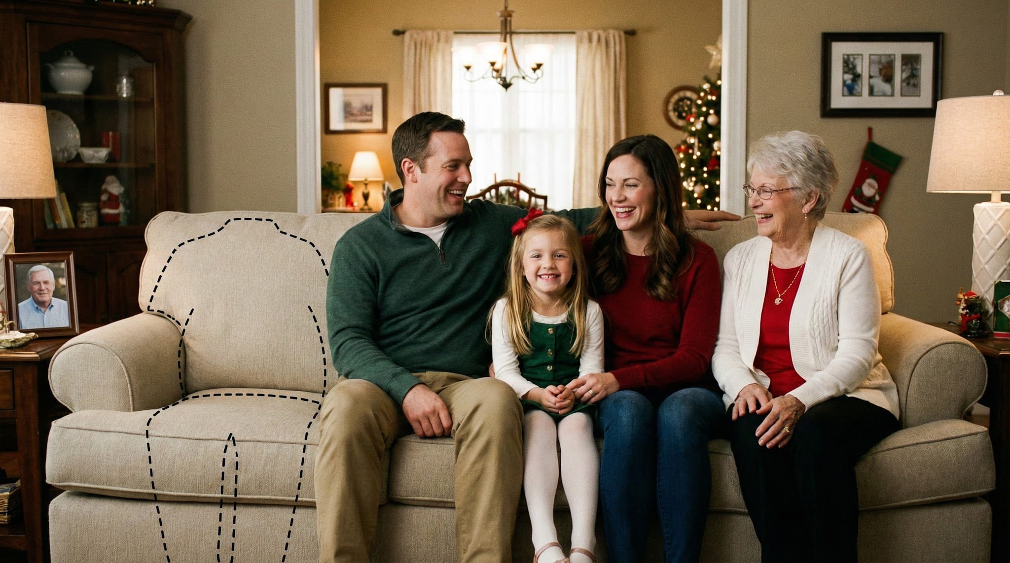 Same family gathering scene where someone important is missing in the original moment