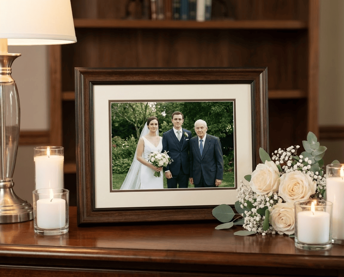 Printbart indrammet bryllupsfoto som minde med en afdød forælder inkluderet