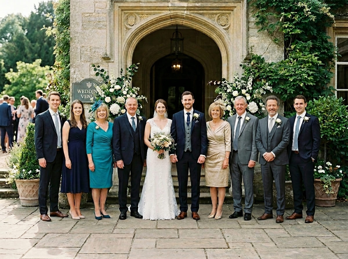 Completed formal wedding family portrait with the loved one naturally added into the lineup