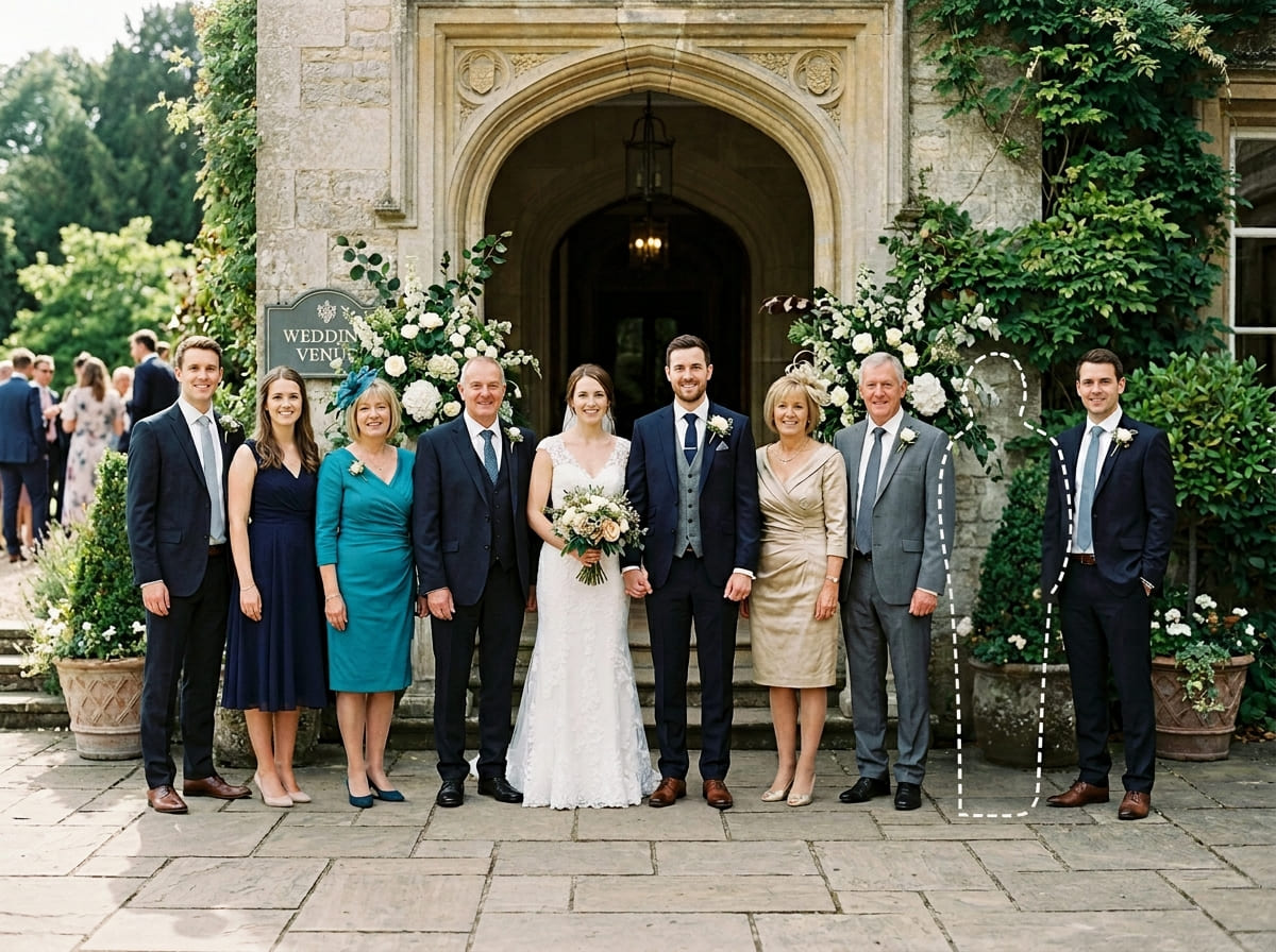 Original formal wedding family portrait with an open place for one important loved one