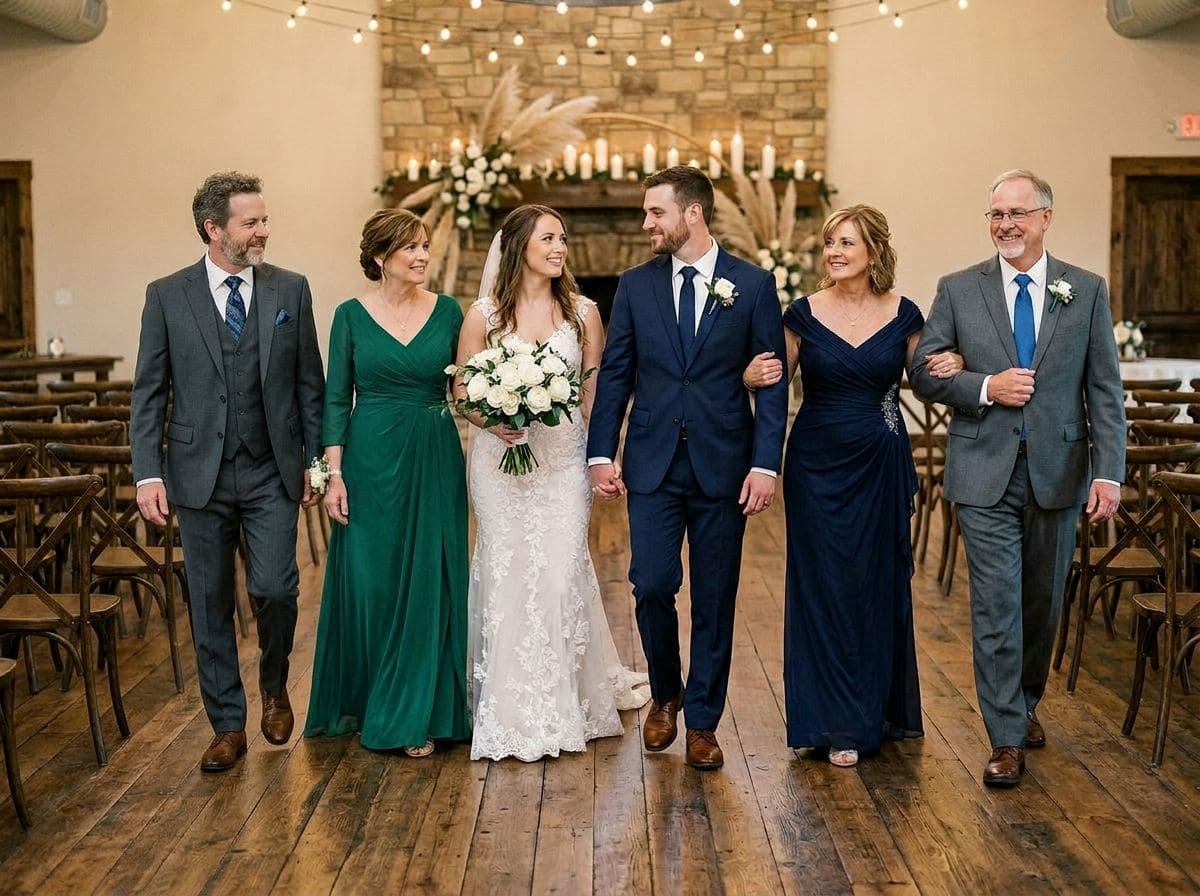 Completed wedding processional image with a loved one blended into the same venue light and spacing