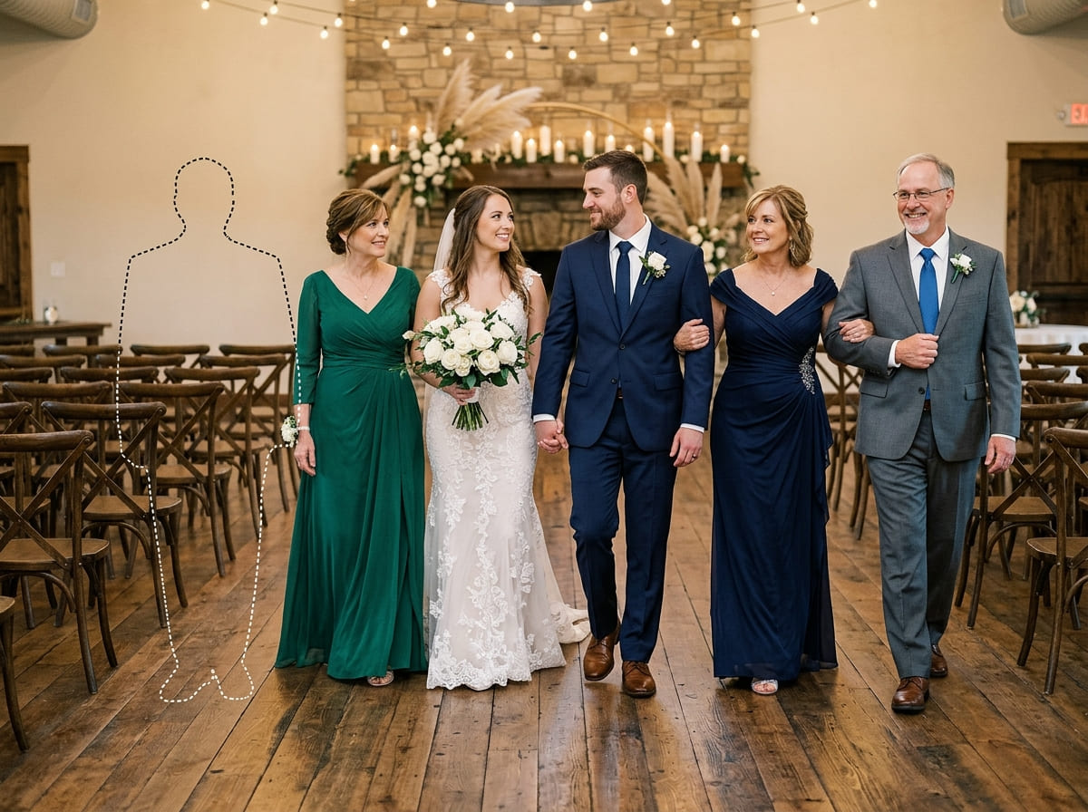 Original wedding processional photo showing venue light and open space for one added loved one