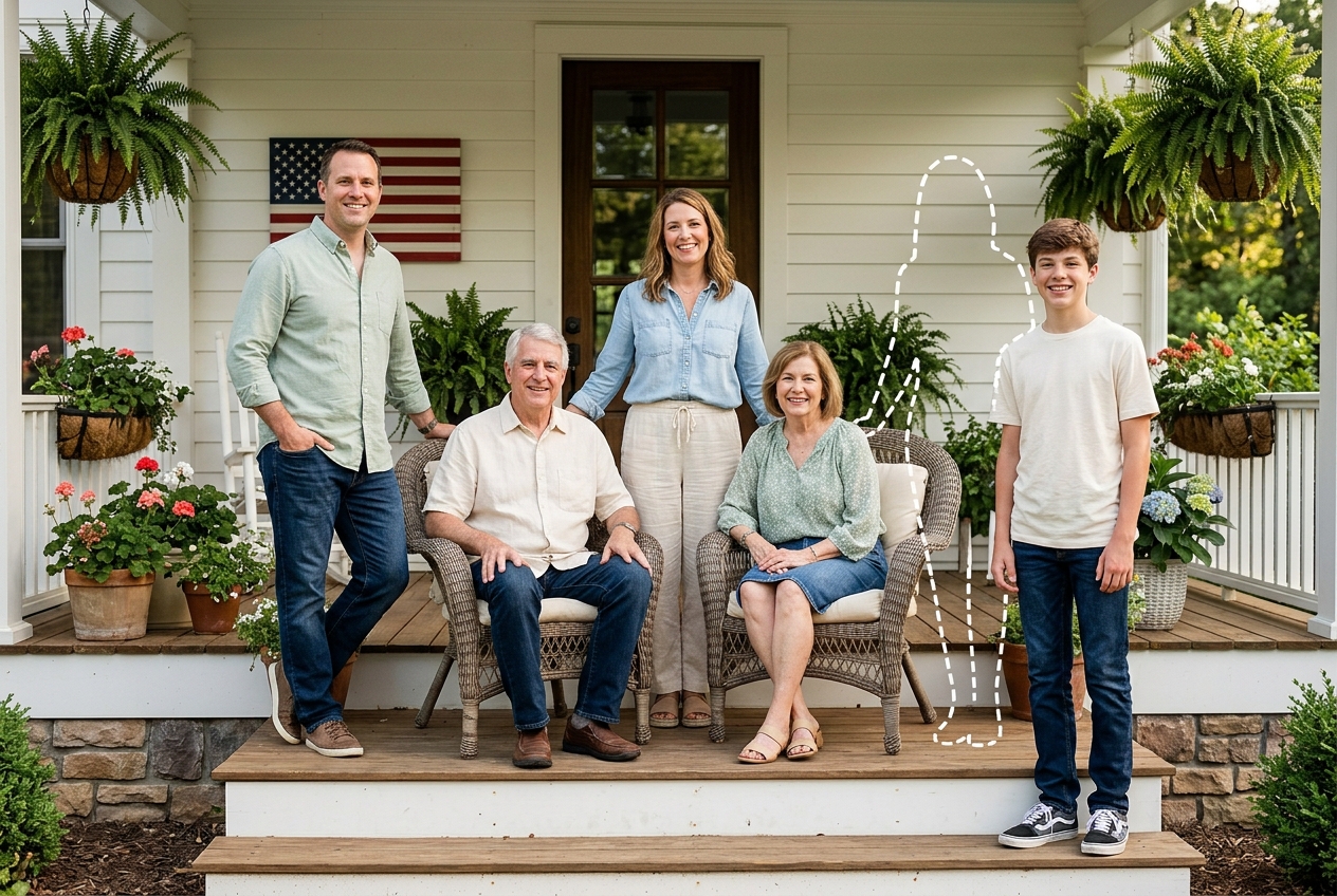 Front porch family reunion portrait with an open dashed outline where the missing family member will be added