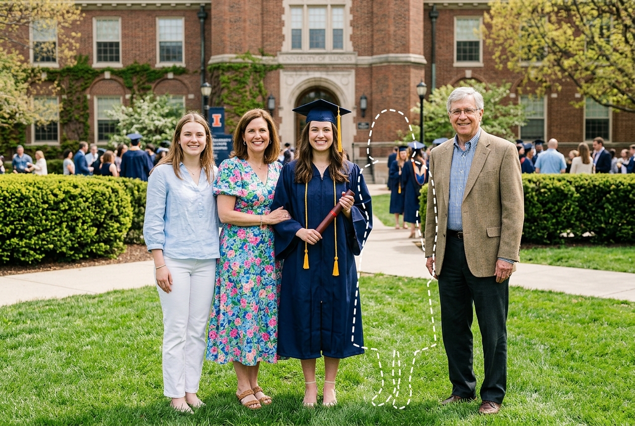 Graduation family lineup before editing with a dashed outline showing where the missing family member will stand