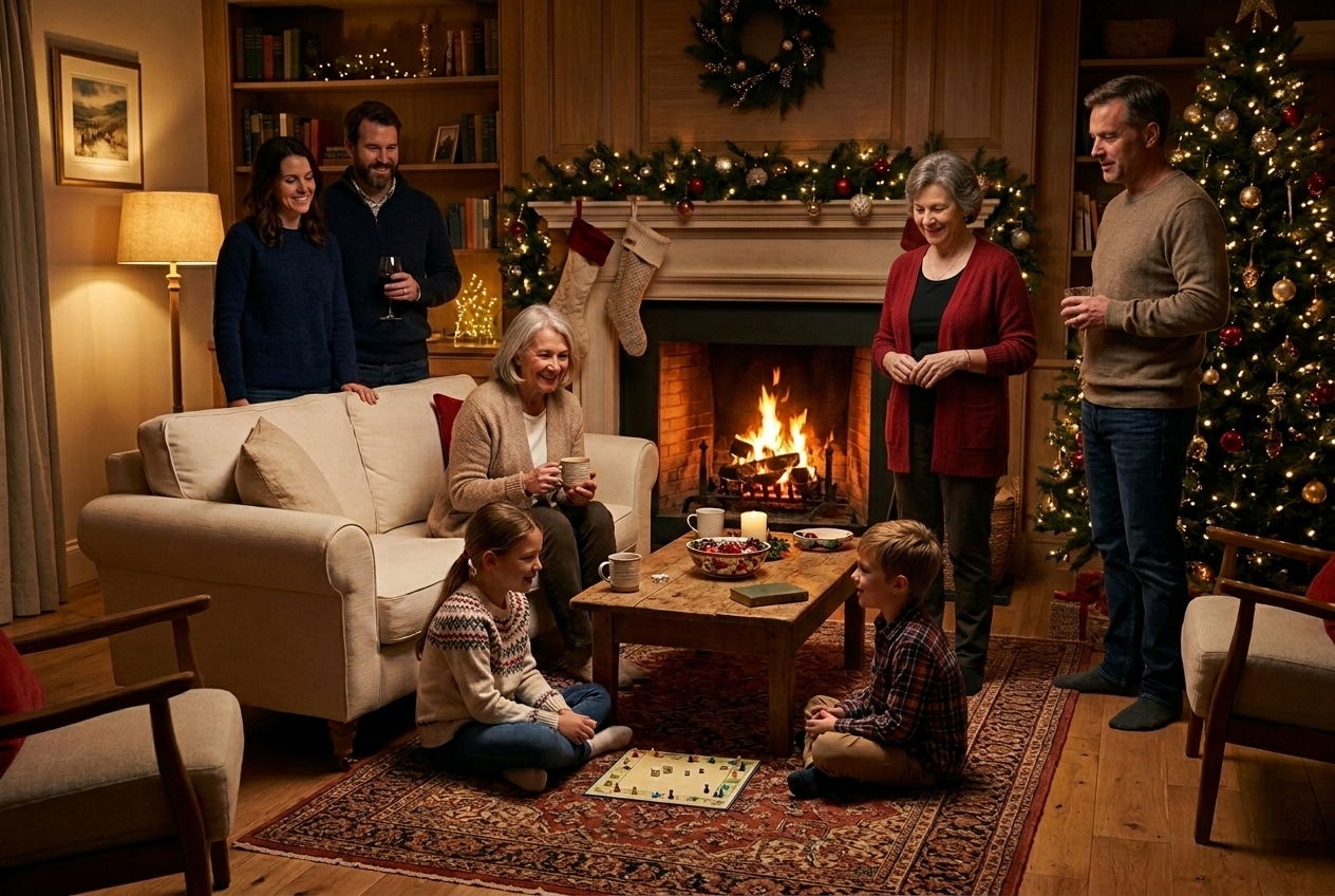 Holiday living room family gathering after editing with the added family member blended naturally into the same warm indoor scene
