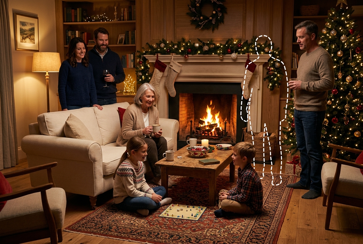 Holiday living room family gathering before editing with a dashed outline for the family member being added