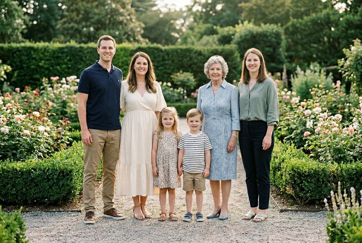Completed outdoor family lineup with Grandma blended into the same daylight and family spacing