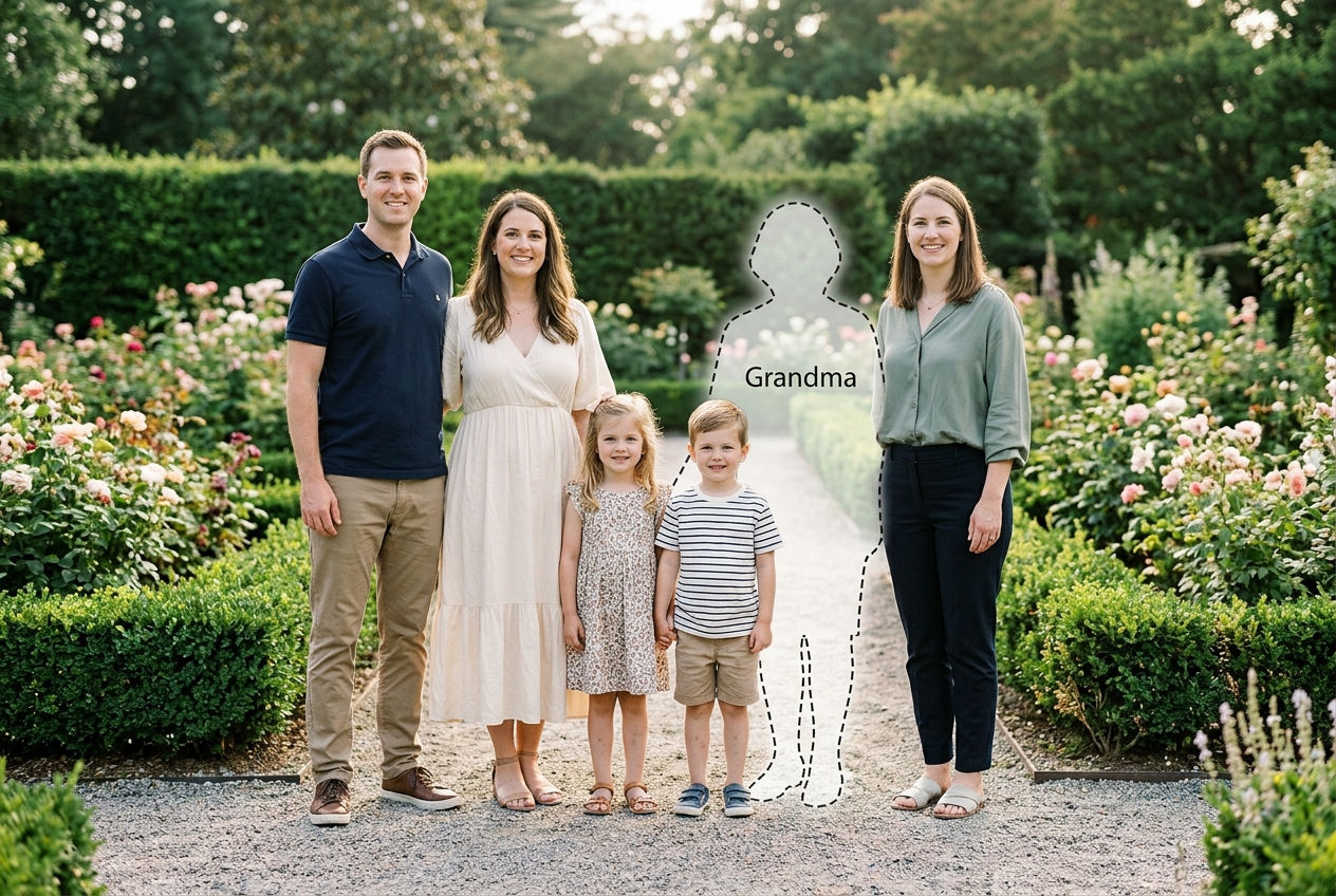 Original outdoor family lineup with a natural open place where Grandma could stand beside the grandchildren