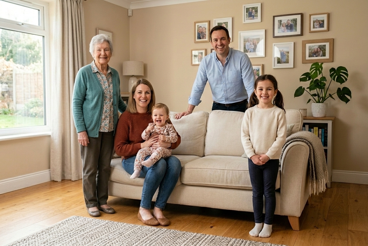 Completed indoor family portrait with Grandma naturally blended into the same light and arrangement