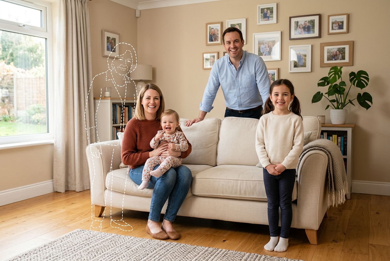 Original indoor family portrait with open space beside the children before adding Grandma to the photo