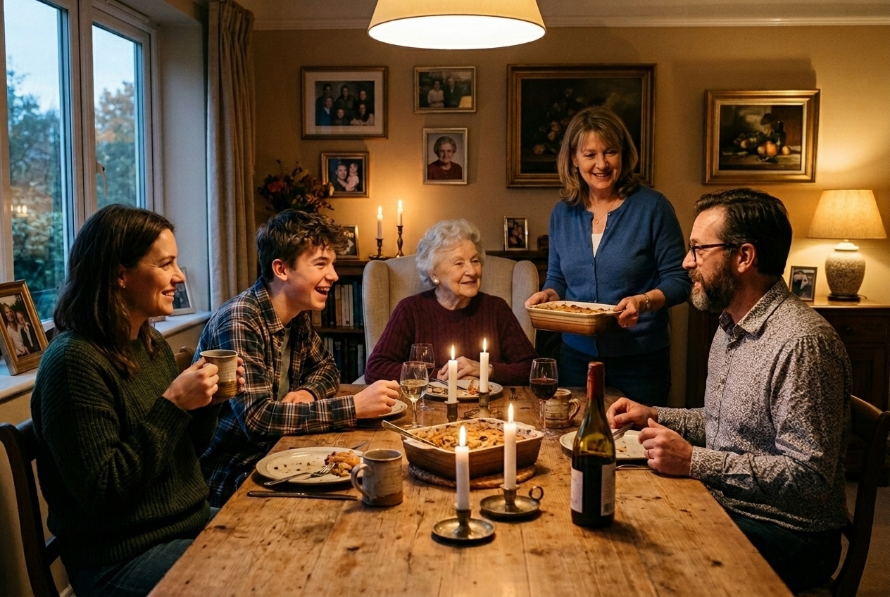 Completed seated family gathering with Grandma naturally added into the chair position and warm room light
